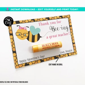 Editable Bee Valentines Day Card for Teacher Lip Balm Valentine for School Bumble Bee Valentine's Teacher Appreciation Printable Digital