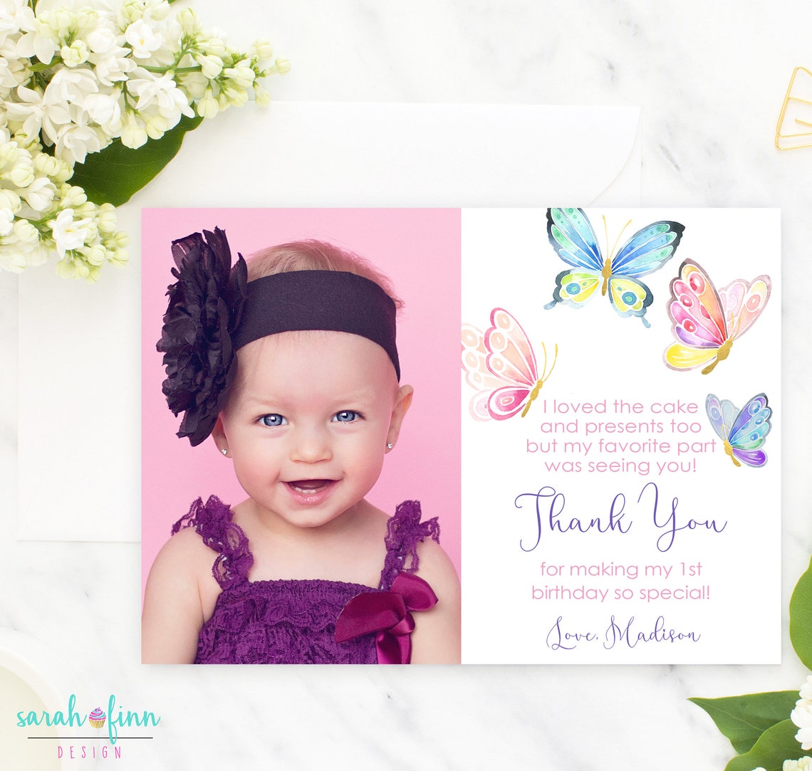 Butterfly Photo Thank You Card Printable Butterflies Birthday - Etsy