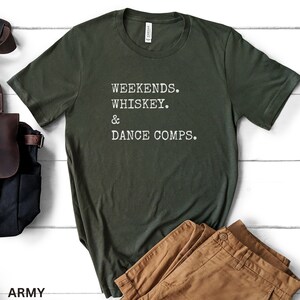 May include: A green t-shirt with the text "Weekends. Whiskey. & Dance Comps." printed in white on the front.