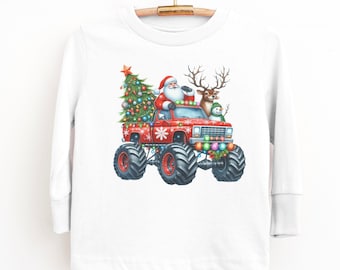 Santa in Monster Truck Toddler Long Sleeve Tee | Christmas Monster Truck Shirt for Boys Toddler Xmas Shirt Truck Lover Boy Tshirt