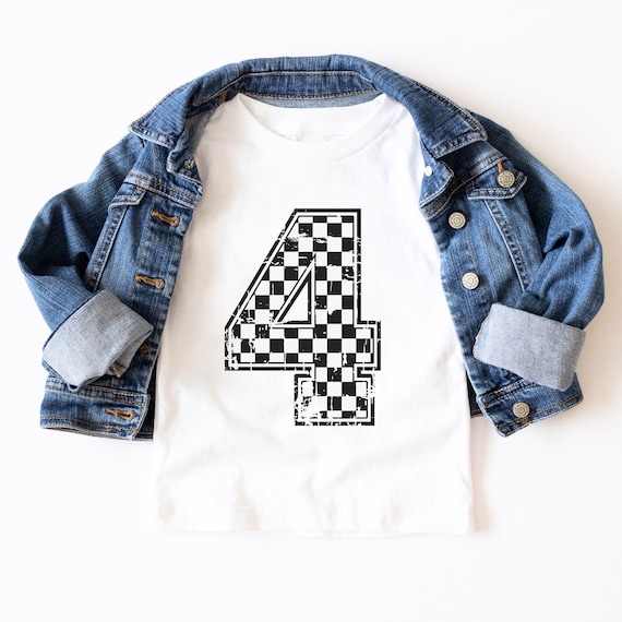 Checkered 4th Birthday Shirt Distressed Number Four Monster Truck Party Tshirt Fourth Bday Shirt Race Car Party Checkered Flag Racing Tee