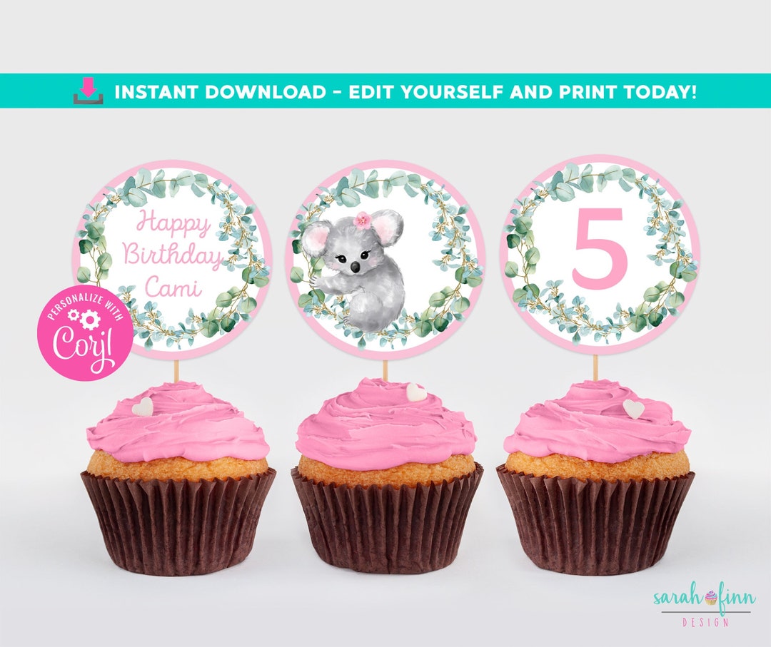 Koala Birthday Cupcake Toppers Editable Koala Party Decor Cupcake