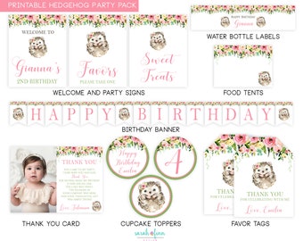 Hedgehog Birthday Printable Party Pack Girl Hedgehog Woodland Floral Birthday Party Bundle DIY Party Kit Banner Signs Favor Tags Food Tents