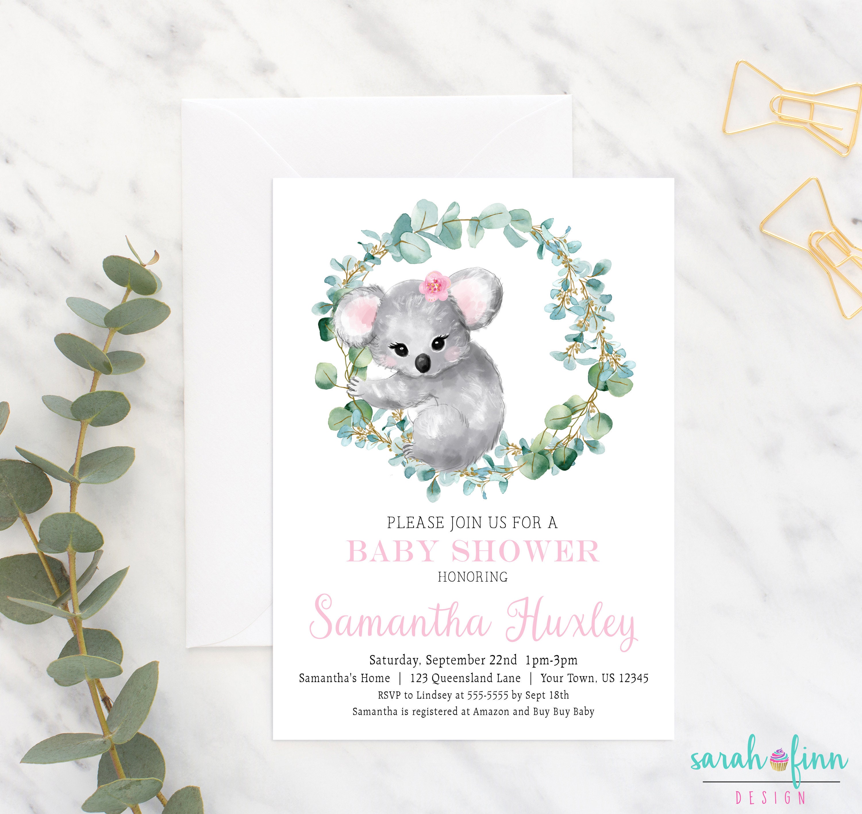 Koala Baby Shower Invitation Koala Party Girl Baby Shower Etsy
