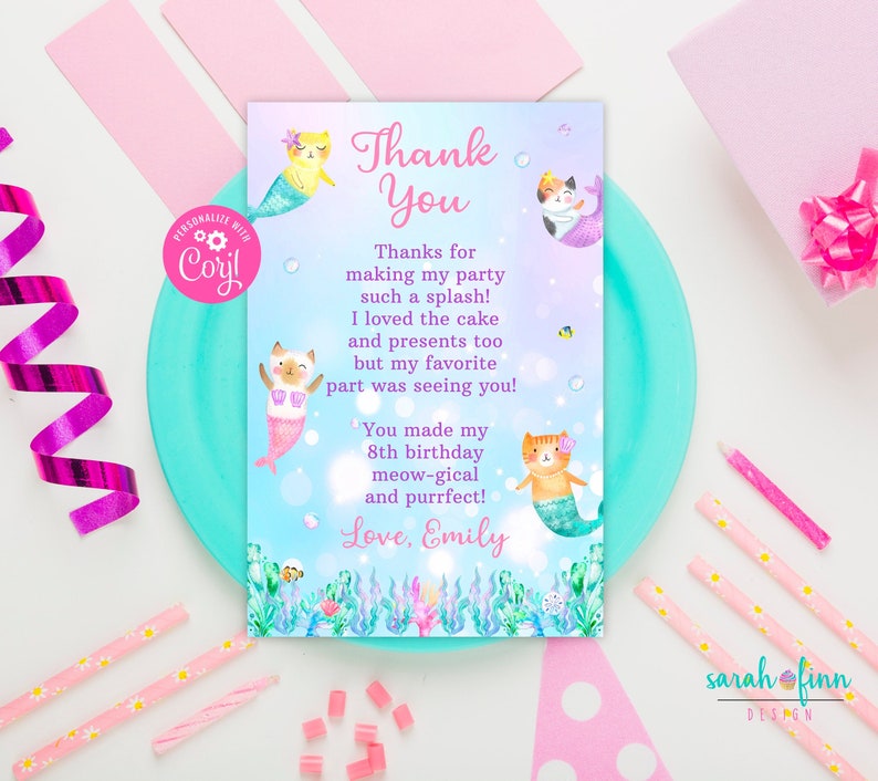 Mercat Thank You Card Editable Purrmaid Party Thank You Card Instant Download Edit with Corjl Birthday Printable Digital 4x6 Cat Mermaid image 1