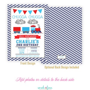 Peut inclure: Une invitation &agrave; rayures bleues et blanches pour une f&ecirc;te d'anniversaire de 2 ans sur le th&egrave;me du train. L'invitation indique "Chugga Chugga Two Two" et "All Aboard! For Charlie's 2nd Birthday". L'invitation comprend des d&eacute;tails sur la f&ecirc;te, y compris la date, l'heure et le lieu.