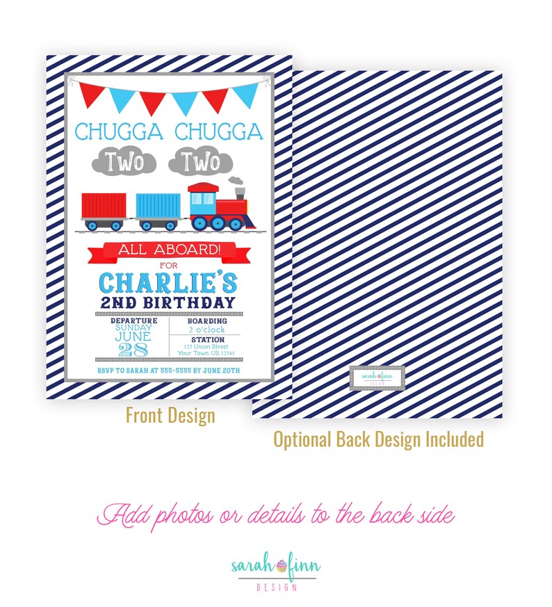 Peut inclure: Une invitation &agrave; rayures bleues et blanches pour une f&ecirc;te d'anniversaire de 2 ans sur le th&egrave;me du train. L'invitation indique "Chugga Chugga Two Two" et "All Aboard! For Charlie's 2nd Birthday". L'invitation comprend des d&eacute;tails sur la f&ecirc;te, y compris la date, l'heure et le lieu.