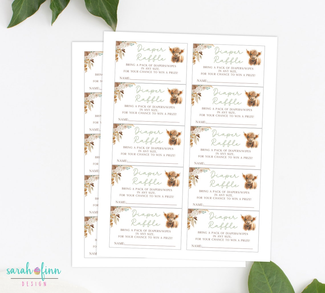 Cow Tickent R Highland Cow Diaper Raffle Sign & Tickets Boho Baby Shower Game Gender ...