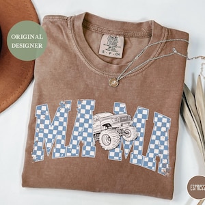 Monster Truck Mama Shirt Oversized Comfort Colors Monster Truck Mom T-Shirt Matching Birthday Party Shirt for Mom Blue Checkered Mama Tee