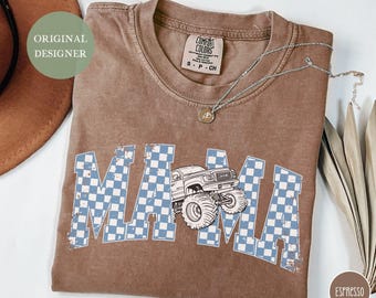 Monster Truck Mama Shirt Oversized Comfort Colors Monster Truck Mom T-Shirt Matching Birthday Party Shirt for Mom Blue Checkered Mama Tee