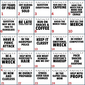 May include: A black and white printable bingo card with 25 squares. Each square contains a funny statement about a person's likely behavior at a party. The squares are numbered 1 through 25.