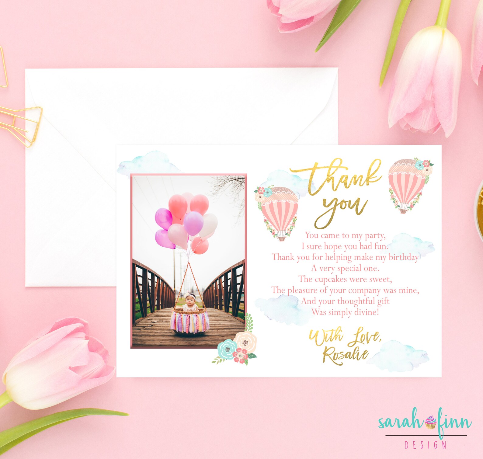 Hot Air Balloon Thank You Card Balloon Party Balloon Photo Etsy