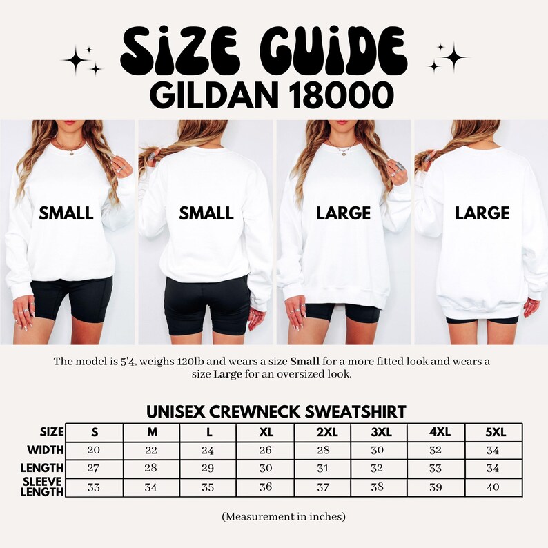 May include: A size guide for a Gildan 18000 unisex crewneck sweatshirt. The guide shows models wearing Small and Large sizes. The chart provides measurements in inches for sizes S through 5XL, including width, length, and sleeve length.