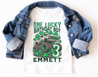 Monster Truck Birthday Shirt St Patricks Day Birthday Shirt St Patty's Birthday Tshirt One Lucky Birthday Boy Shamrock Clover Personalized