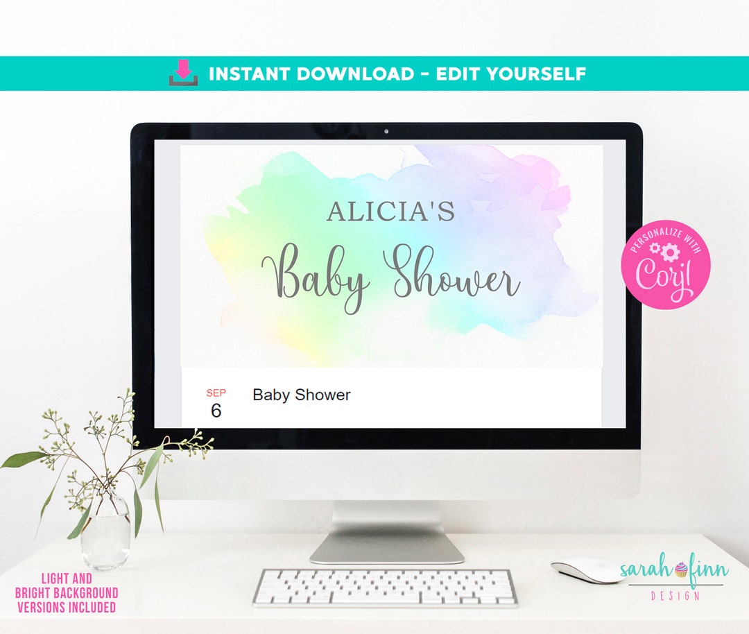 Editable Rainbow Watercolor Facebook Event Baby Shower or Birthday