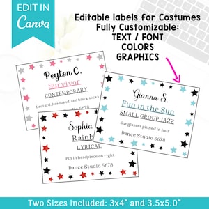 Dance Costume Cards Printable Garment Bag Labels for Dance Cheer Costume Labels Costume Tags Costume Bag Competition Dance Editable Canva