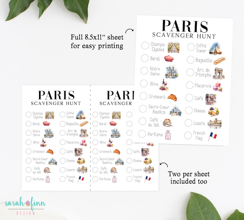 May include: A printable Paris scavenger hunt game with a checklist of Parisian landmarks and items to find, including the Eiffel Tower, Arc de Triomphe, beret, baguette, and more. The game is designed to be printed on an 8.5x11 inch sheet of paper.