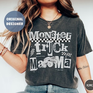 Monster Truck Mama Shirt Oversized Comfort Colors Monster Truck Mom T-Shirt Trendy Grunge Monster Trucks Checkered Mama Tee