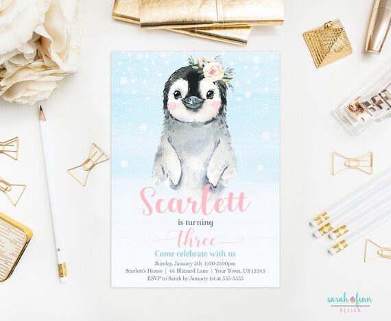 Penguin Birthday Invitation Watercolor Birthday Party Invite First 1st Girl Arctic Animals Birthday Winter Animals Invite Birthday Printable