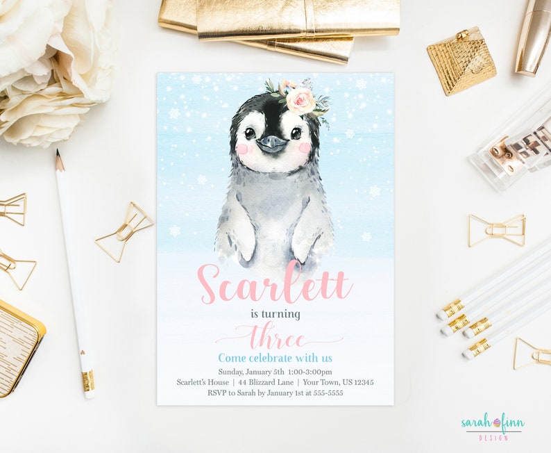 May include: A blue and white invitation with a penguin illustration. The invitation says "Scarlett is turning three. Come celebrate with us."  The invitation includes the date, time, and location of the party. RSVP information is also included.