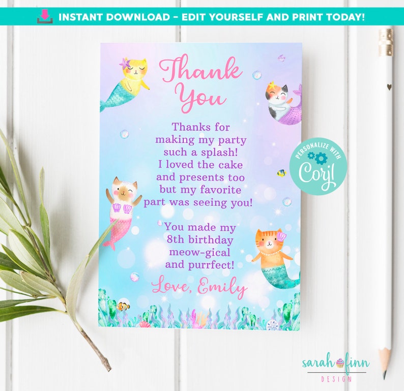 Mercat Thank You Card Editable Purrmaid Party Thank You Card Instant Download Edit with Corjl Birthday Printable Digital 4x6 Cat Mermaid image 2