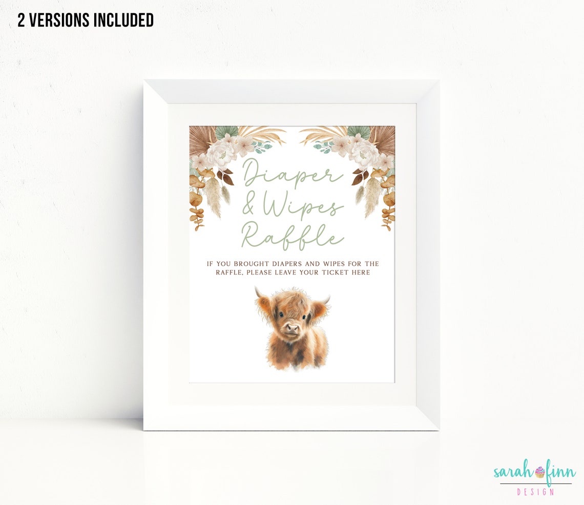 Cow Tickent R Highland Cow Diaper Raffle Sign & Tickets Boho Baby Shower Game Gender ...