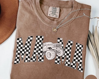 Monster Truck Mama Shirt Comfort Colors Monster Truck Mom T-Shirt Trendy Checkered Mom Truck Lover Gift Truck Matching Birthday Tee