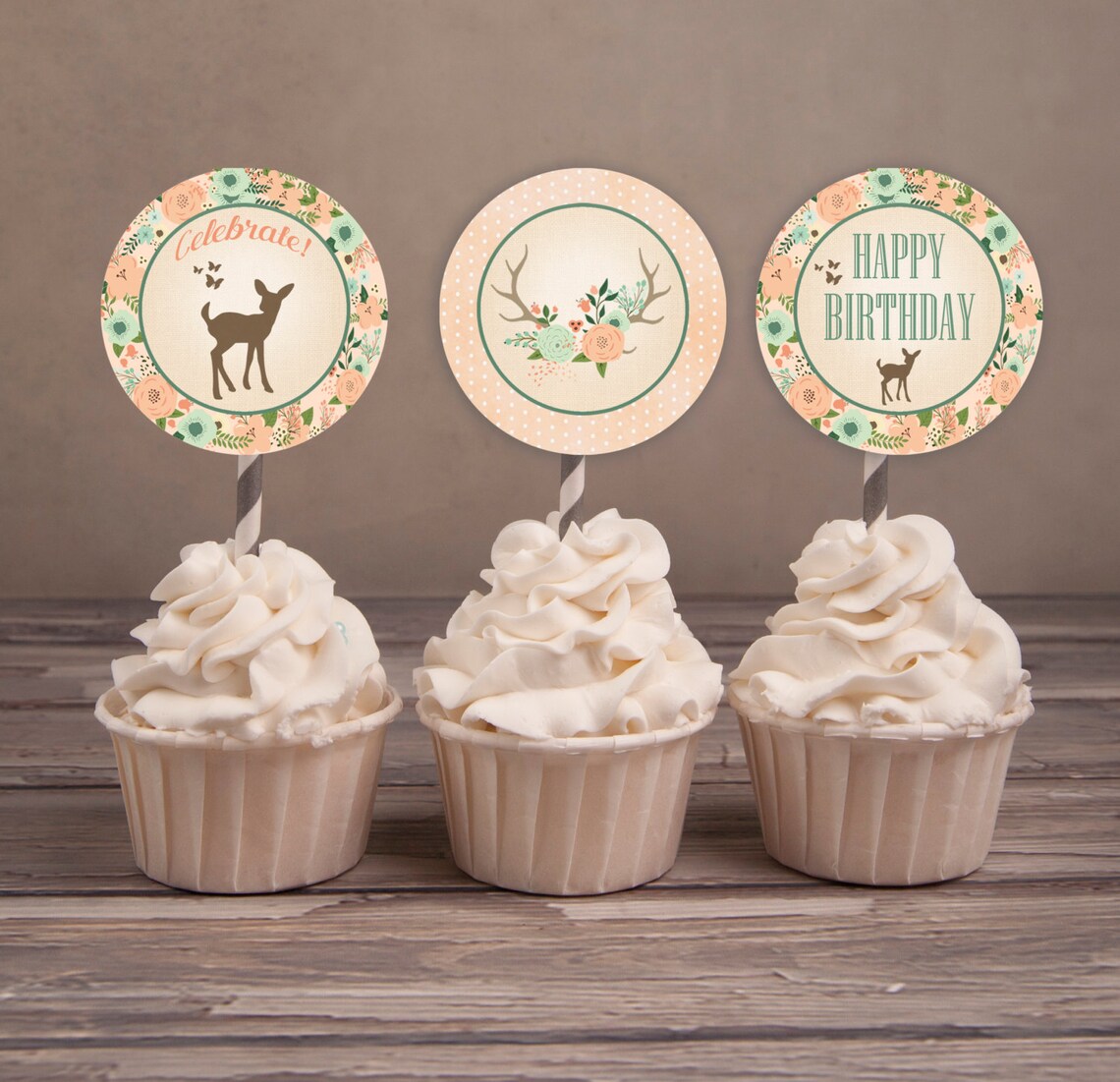 Deer Birthday Cupcake Toppers Deer Birthday Party Shabby Chic | Etsy