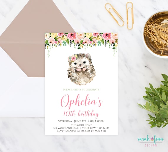 Hedgehog Birthday Invitation Hedgehog Party Woodland Invitation First Birthday Floral 1st 2nd 3rd 4th Birthday Invite Printable Any Age
