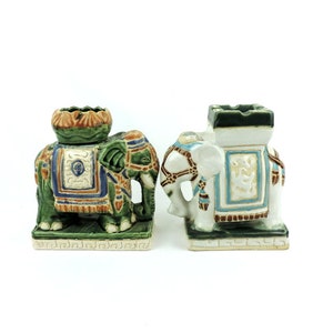 Vintage Hollywood Regency Ceramic Elephant Ashtray Duo, Vintage Boho Decor, 6&quot;1/2 Tall Decorative Elephants