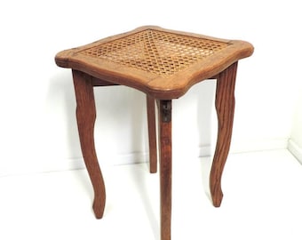 French Vintage 1950s Solid Wood Stool with Cane Wooven Top