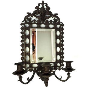Antique French Bronze Wall Sconce: Beveled Mirror, Boudoir Decor