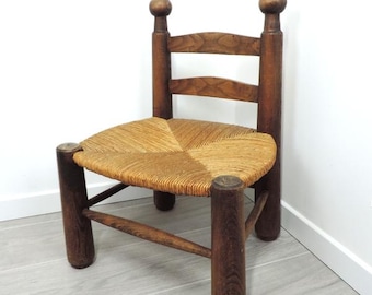 French Vintage Oak & Rush Low Chair: Charles Dudouyt Style Toddler Chair