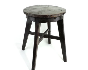 French Vintage Solid Wood 16"1/2 Tall Milking Stool, 4 Legged Rustic Farmhouse Stool