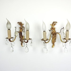 French Vintage Bronze & Crystal Wall Sconces: Baroque Acanthus Leaf Lights