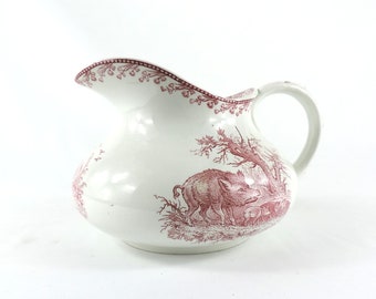 French Antique Pink Transferware Ceramic Pitcher, Antique FF Pexonne Water Jug With Hunting Decor