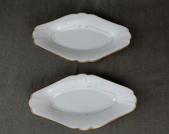 French Vintage Limoges White Gilded Porcelain Side Dishes, Set of 2 Small Oval Platters