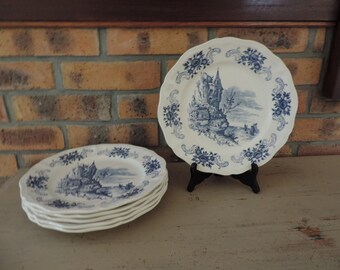 French Vintage Sarreguemines Ironstone Blue Transferware Dinner Plates x 6