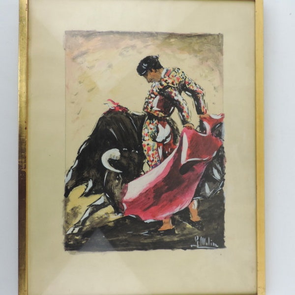 Vintage Signed Bullfighting Watercolor