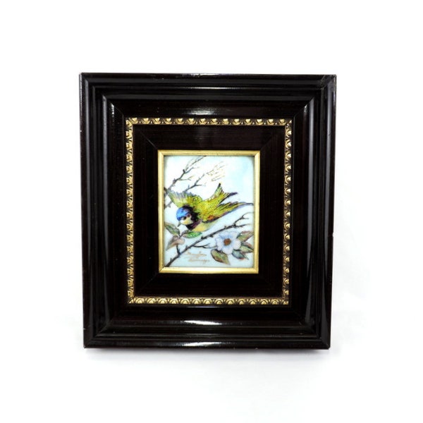French Vintage Small Enamel on Copper Limoges Bird Painting by Marylou Fauvet