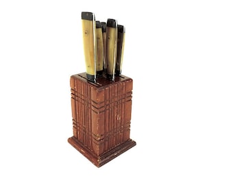 Vintage Mini Kitchen Knife set with Horn Handles and Wood Knife Block