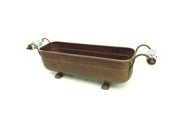 French Vintage Small Copper Planter with Brass Feet and Ceramic Handles.