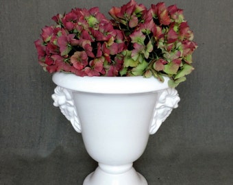 French Vintage White Porcelain Medici Vase With Pan Handles, Signed Porcelain Urn, Planter