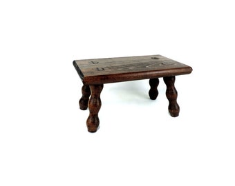 French Vintage 6" Tall Solid Wood Footstool, Rustic Foot rest Small Bench with Bobbin Legs