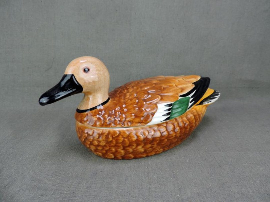 French Vintage Large Majolica Ceramic Duck Tureen by Christian