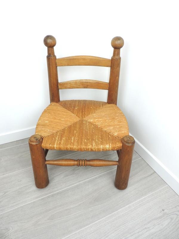 French Vintage Oak & Rush Low Chair: Charles Dudouyt Style Toddler