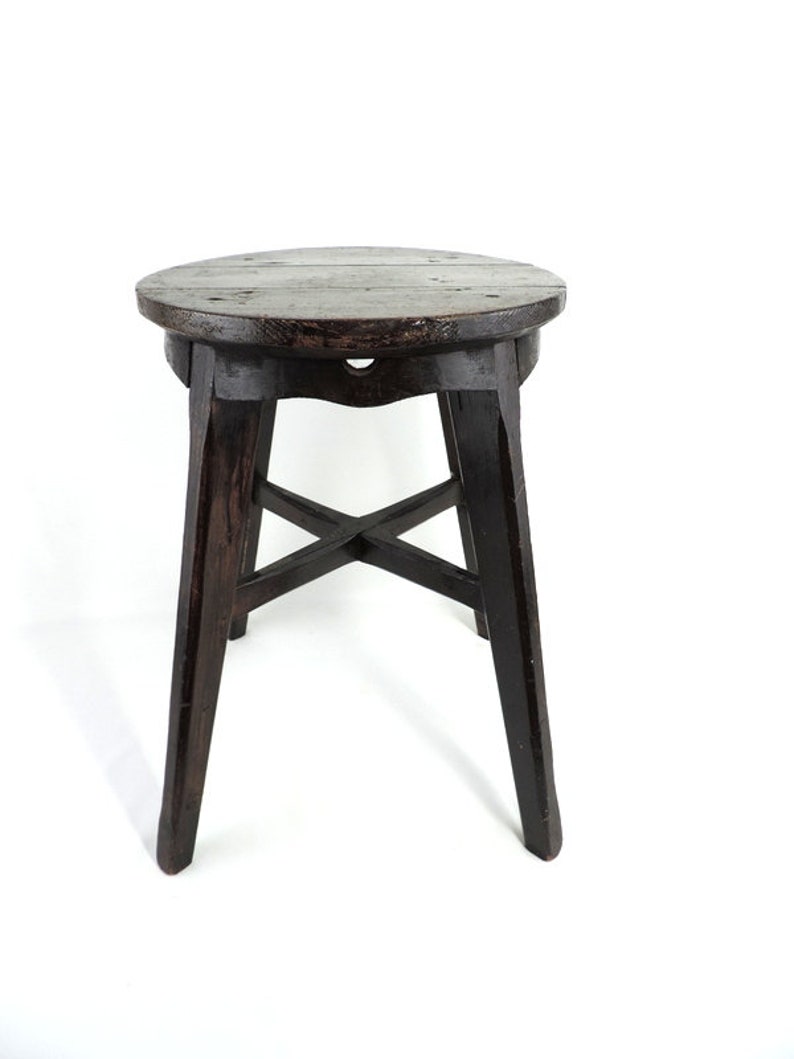 Tabouret de traite vintage français 161/2 de haut en bois massif, tabouret de ferme rustique à 4 pieds image 9