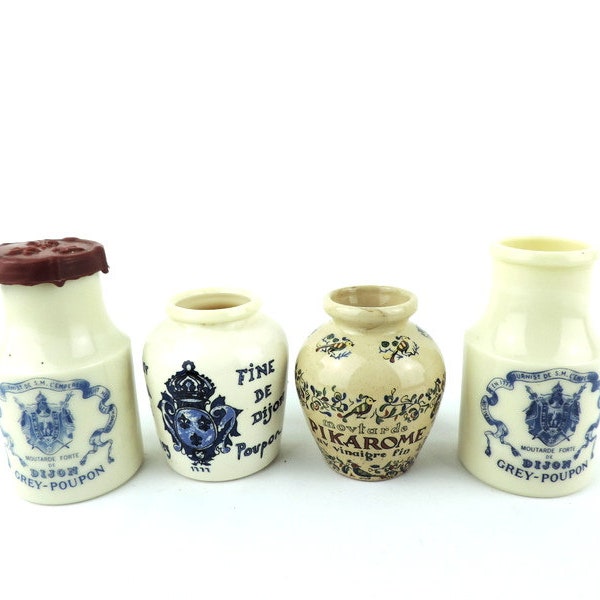 French Vintage Ceramic Mustard Jars x 4, Vintage French Kitchen Decor