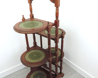 French Vintage Folding Wood and Leather Plant Stand, Pies or Hors d&#39;oeuvre display