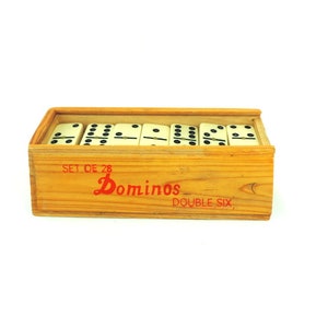 French Vintage Set of 28 Domino Tiles in Original Wooden Box